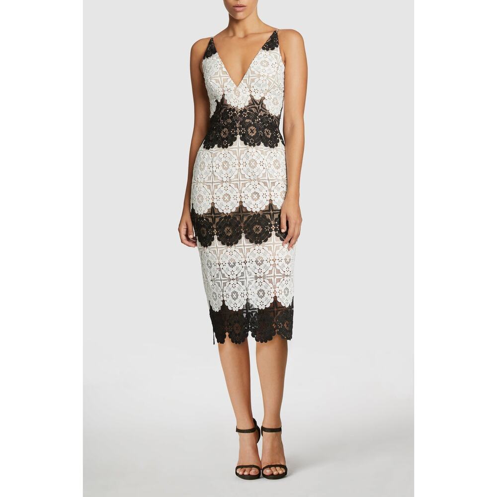 Dress‎ the Population Vera Black White Crochet Sleeveless V-Neck Midi Dress XS